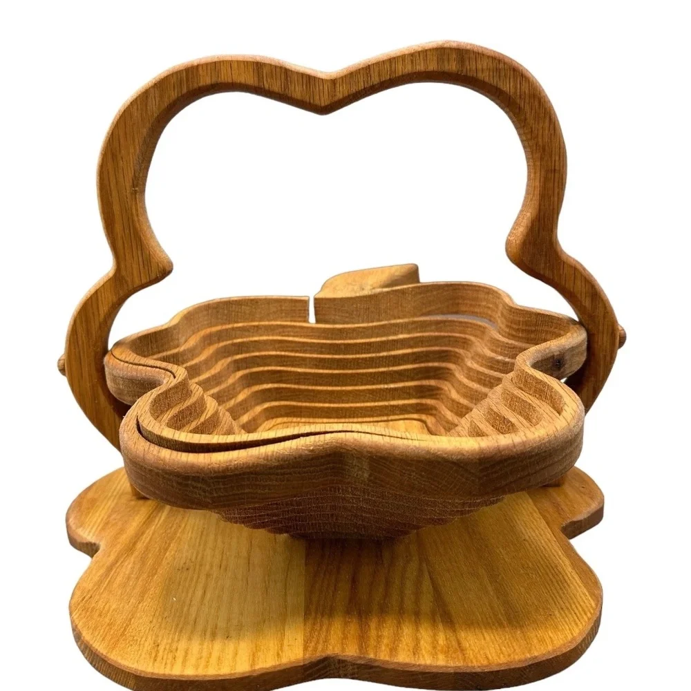 Wood Shamrock Hand Carved Collapsible Fruit Basket w Folding‎ Trivet Lucky Irish